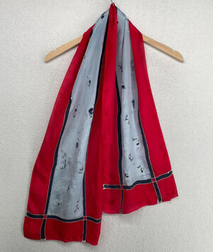 Vintage Scarf Hand Rolled Abstract Contrast Panel Red Gray Silver 11 x 58"